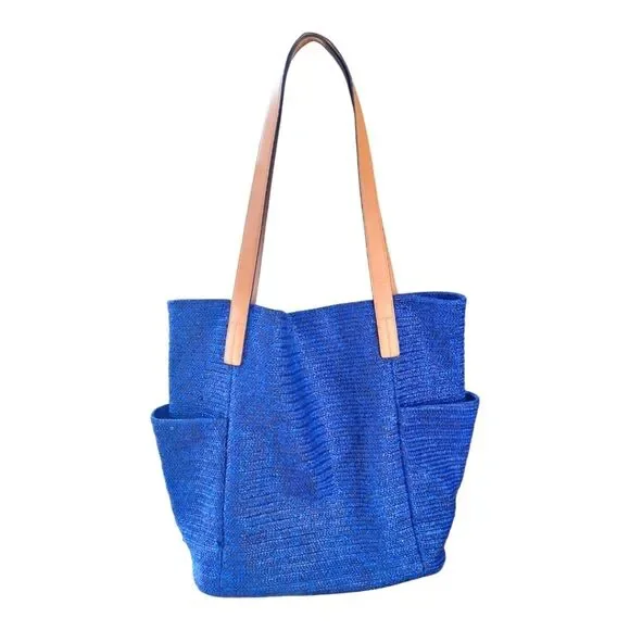 Vera Bradley Large Bag North South Straw Tote Blue Lyst Beach Bag Embroidered - Picture 3 of 15